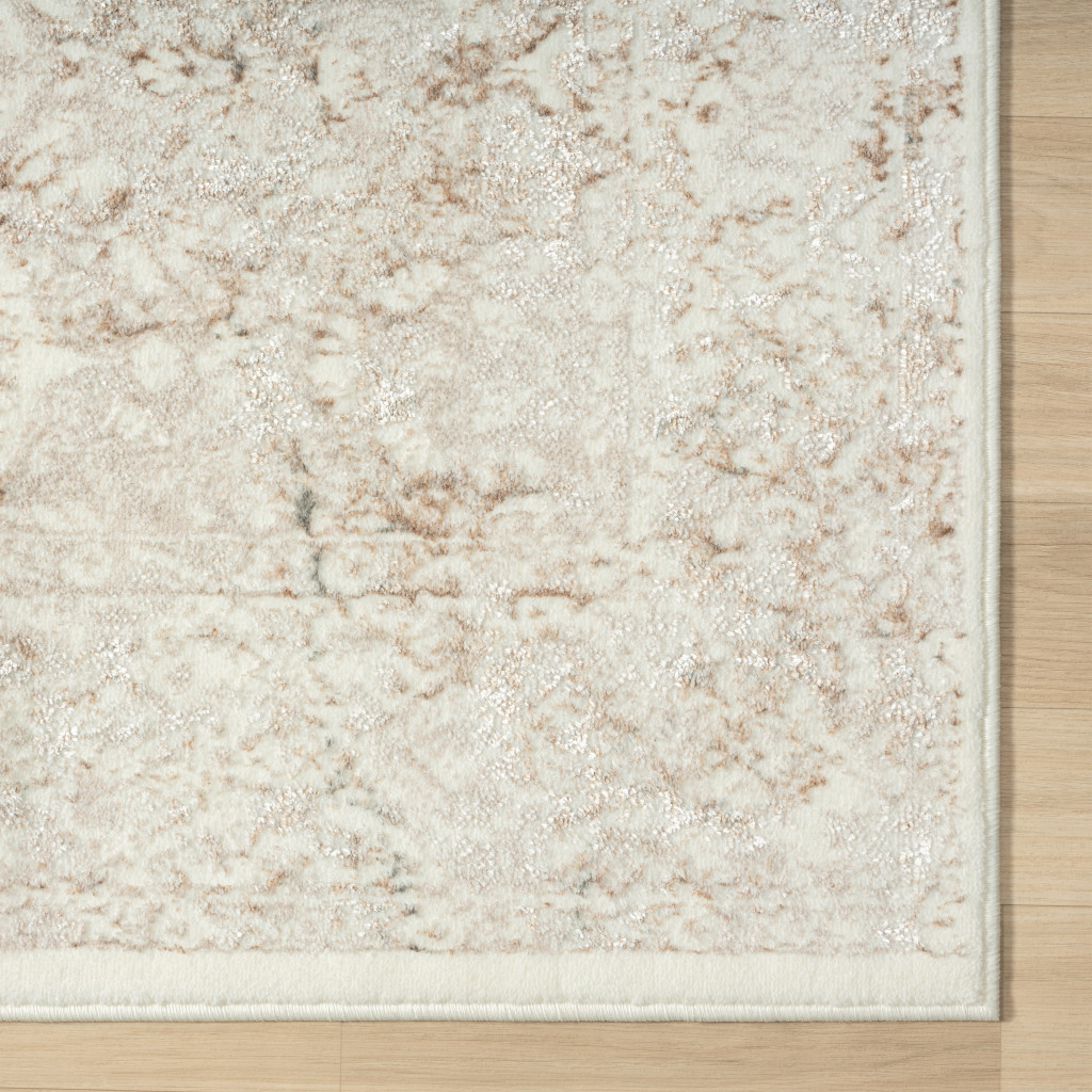 7" X 9" Beige Cream And Brown Damask Stain Resistant Area Rug