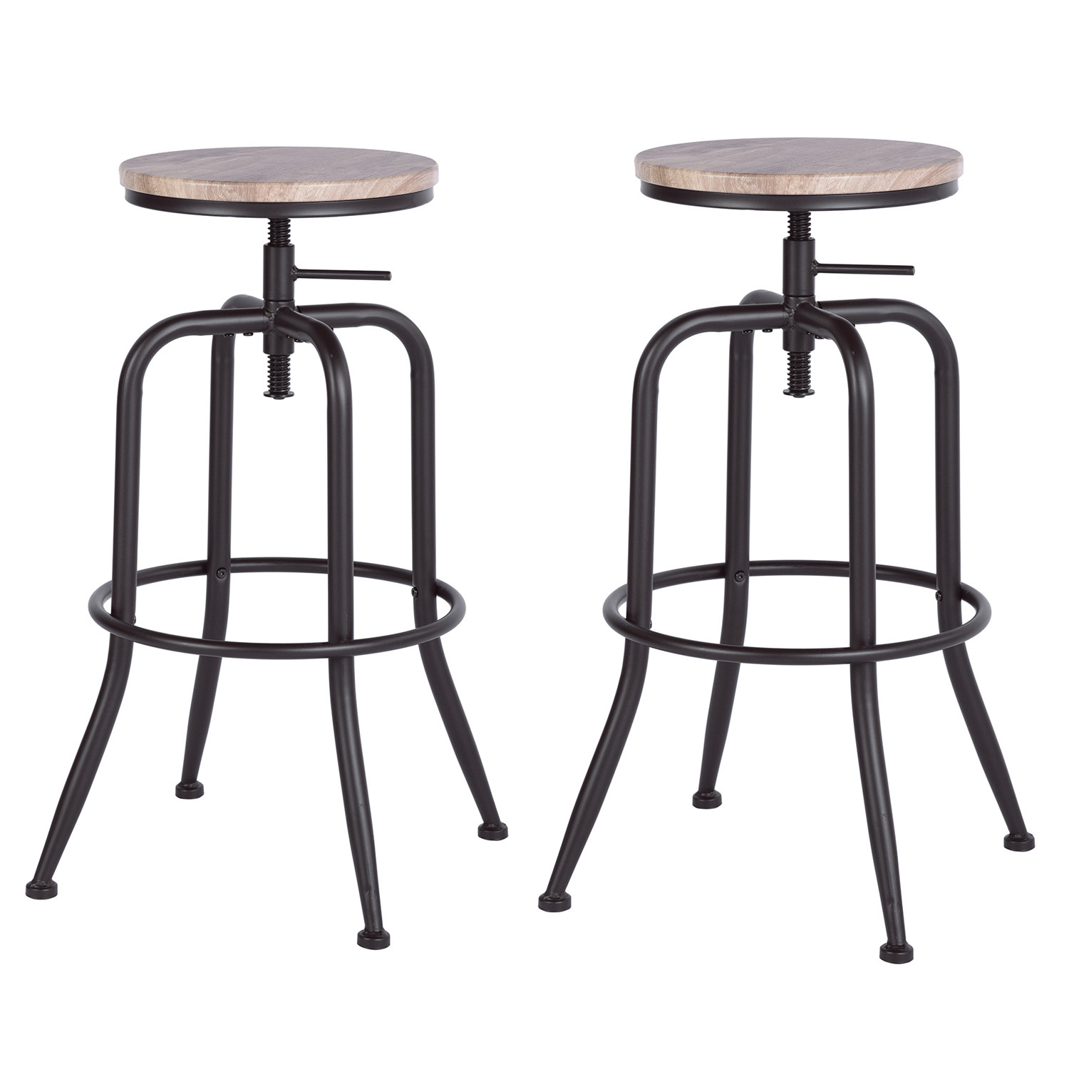 Set Of Two 30 Natural And Black Steel Swivel Backless Bar Chairs With Footrest
