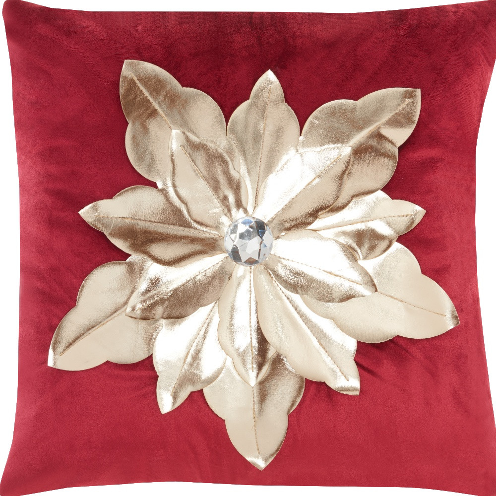16" X 16" Red And Gold Zippered Handmade 100% Cotton Christmas Throw Pillow
