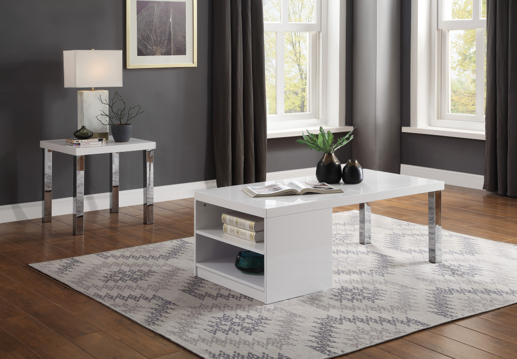 22"" Chrome And White High Gloss Square End Table