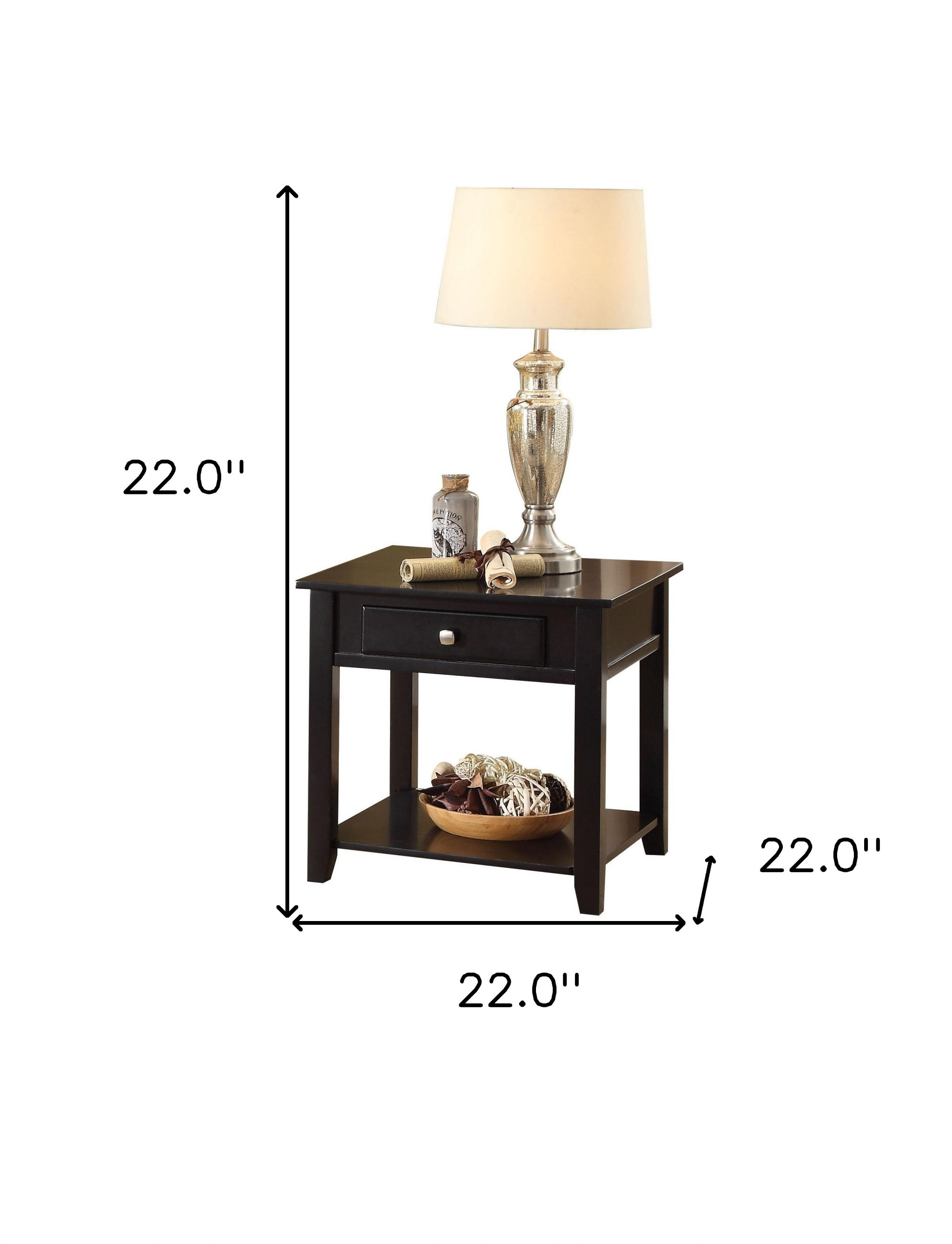 22"" Black Manufactured Wood Square End Table With Drawer With Shelf
