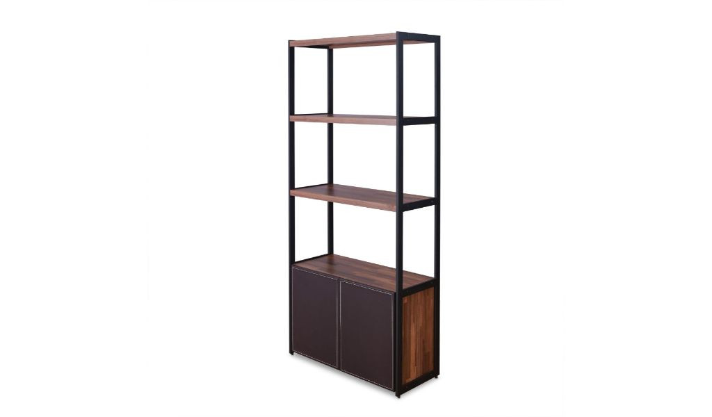 70 Brown And Black Metal Three Tier Bookcase With Two Doors