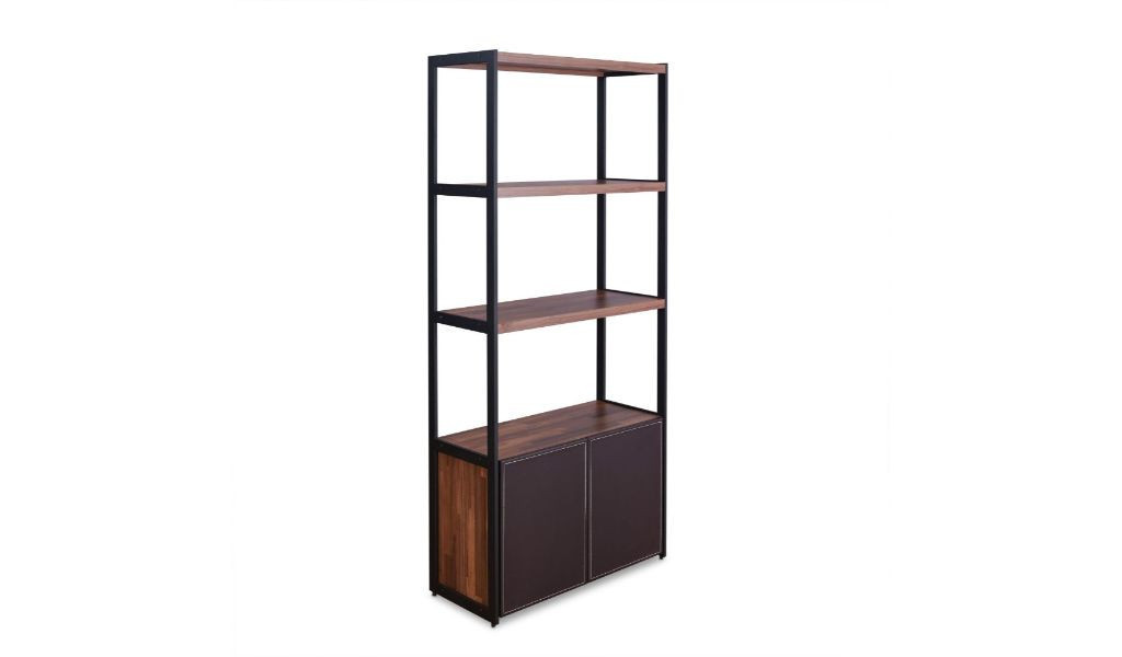 70 Brown And Black Metal Three Tier Bookcase With Two Doors