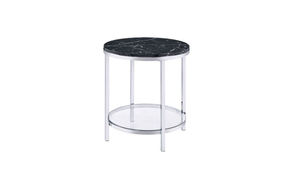 25"" Chrome And Black Faux Marble And Metal Round End Table With Shelf