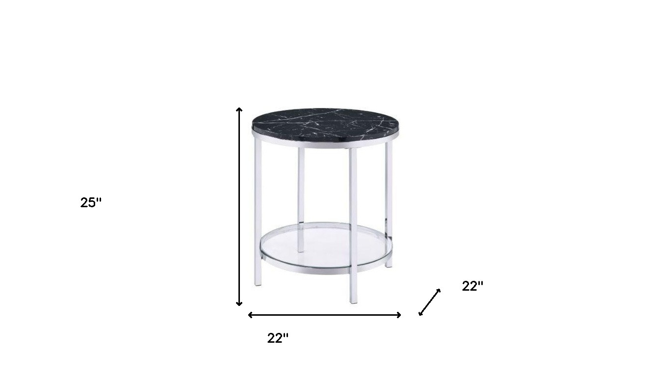 25"" Chrome And Black Faux Marble And Metal Round End Table With Shelf