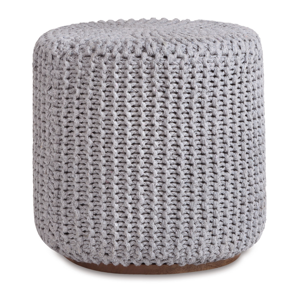 16" Light Gray Cotton Blend And Brown Round Pouf Ottoman-486528-1
