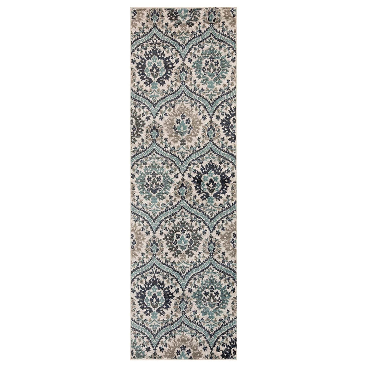 10" Ivory Blue and Gray Medallion Runner Rug