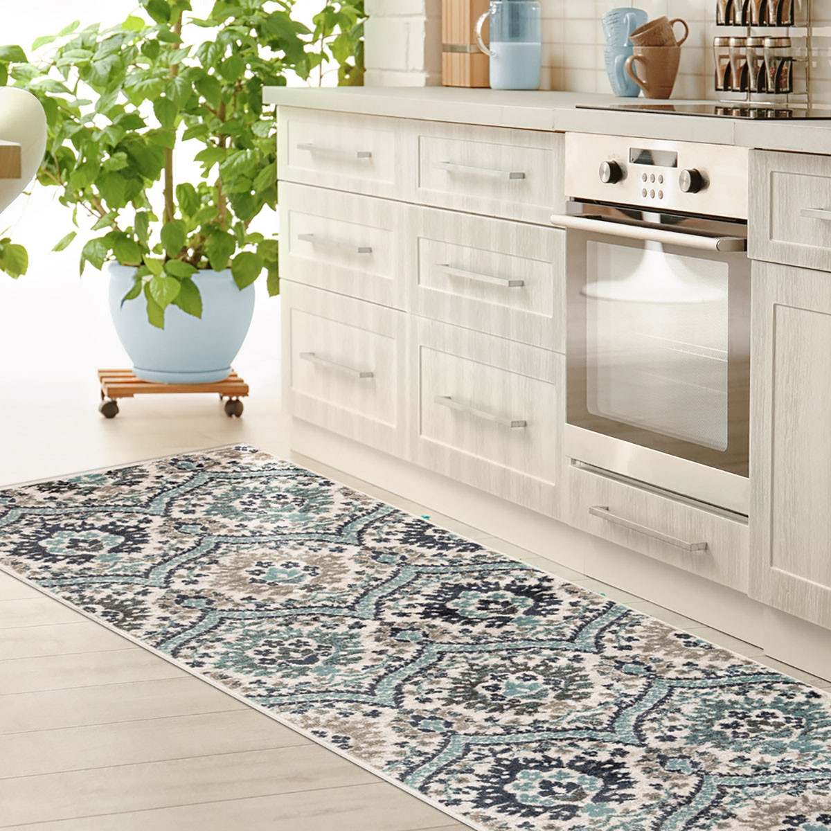 10" Ivory Blue and Gray Medallion Runner Rug