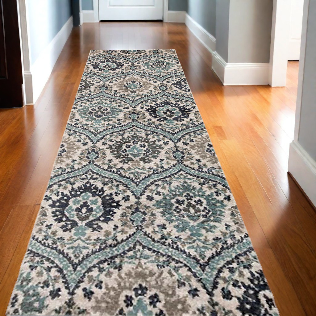 10" Ivory Blue and Gray Medallion Runner Rug