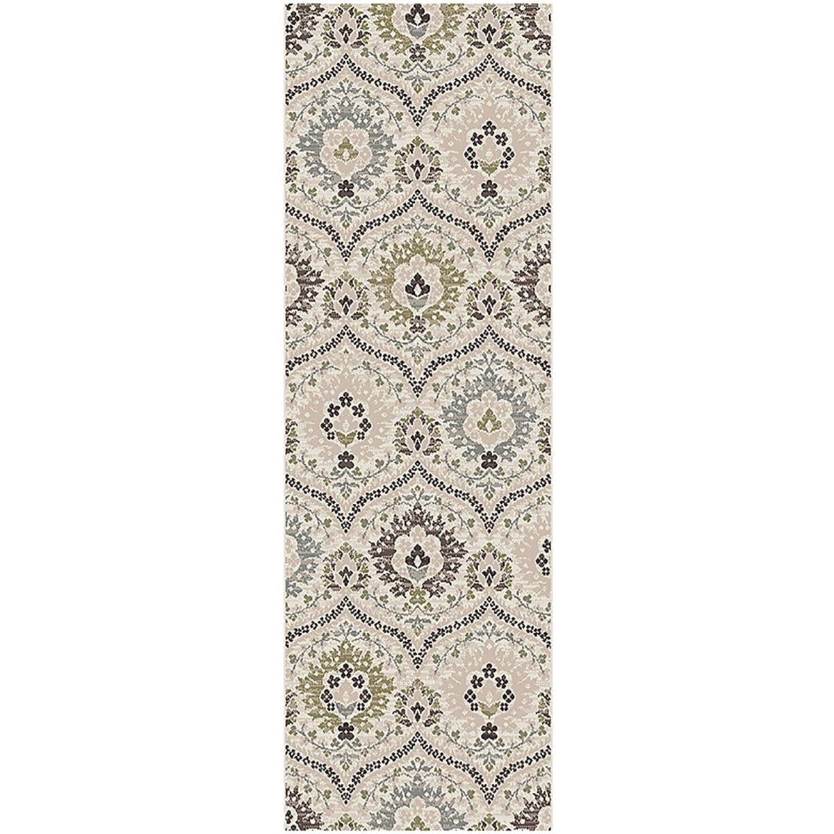 12" Ivory Gray And Olive Floral Stain Resistant Runner Rug