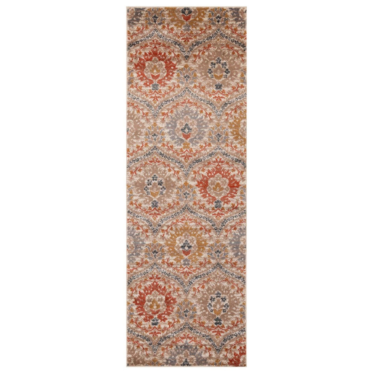 8" Ivory Orange And Gray Floral Stain Resistant Runner Rug