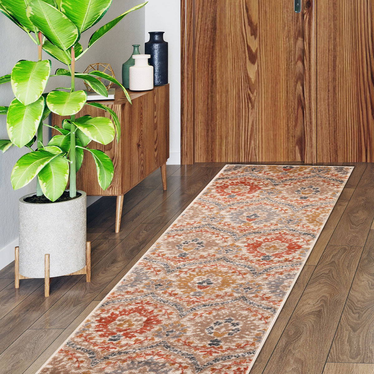8" Ivory Orange And Gray Floral Stain Resistant Runner Rug