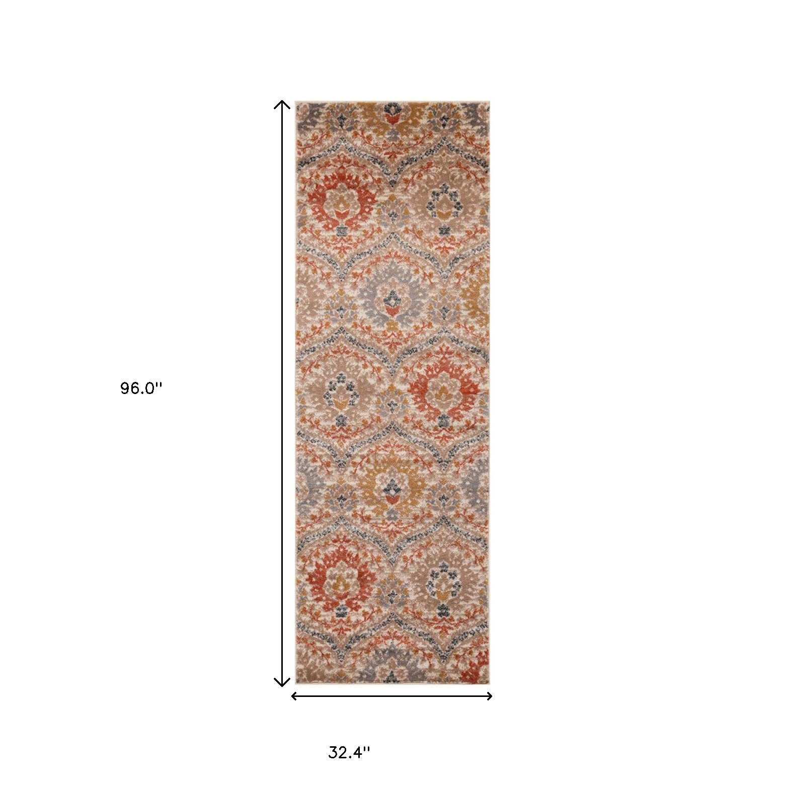8" Ivory Orange And Gray Floral Stain Resistant Runner Rug