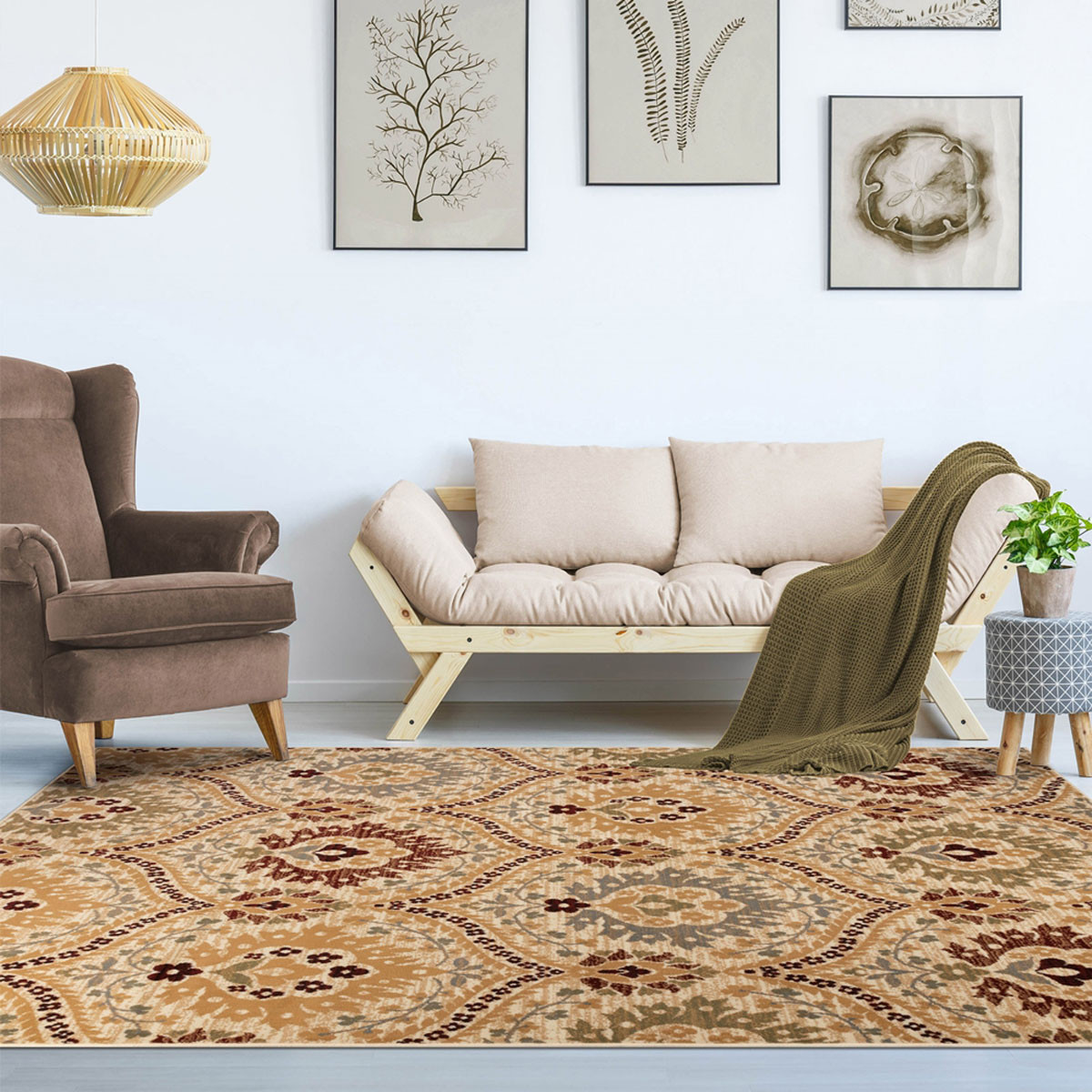 4" X 6" Camel Gray And Rust Floral Stain Resistant Area Rug
