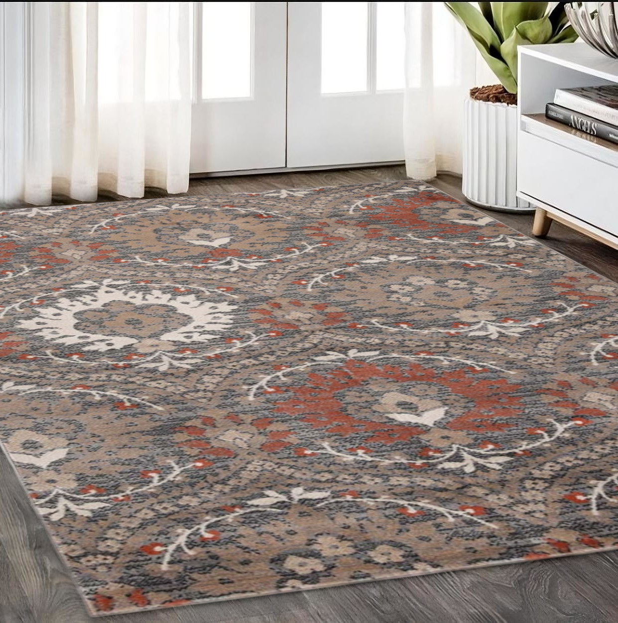 5' X 8' Rust Floral Stain Resistant Area Rug-486708-1