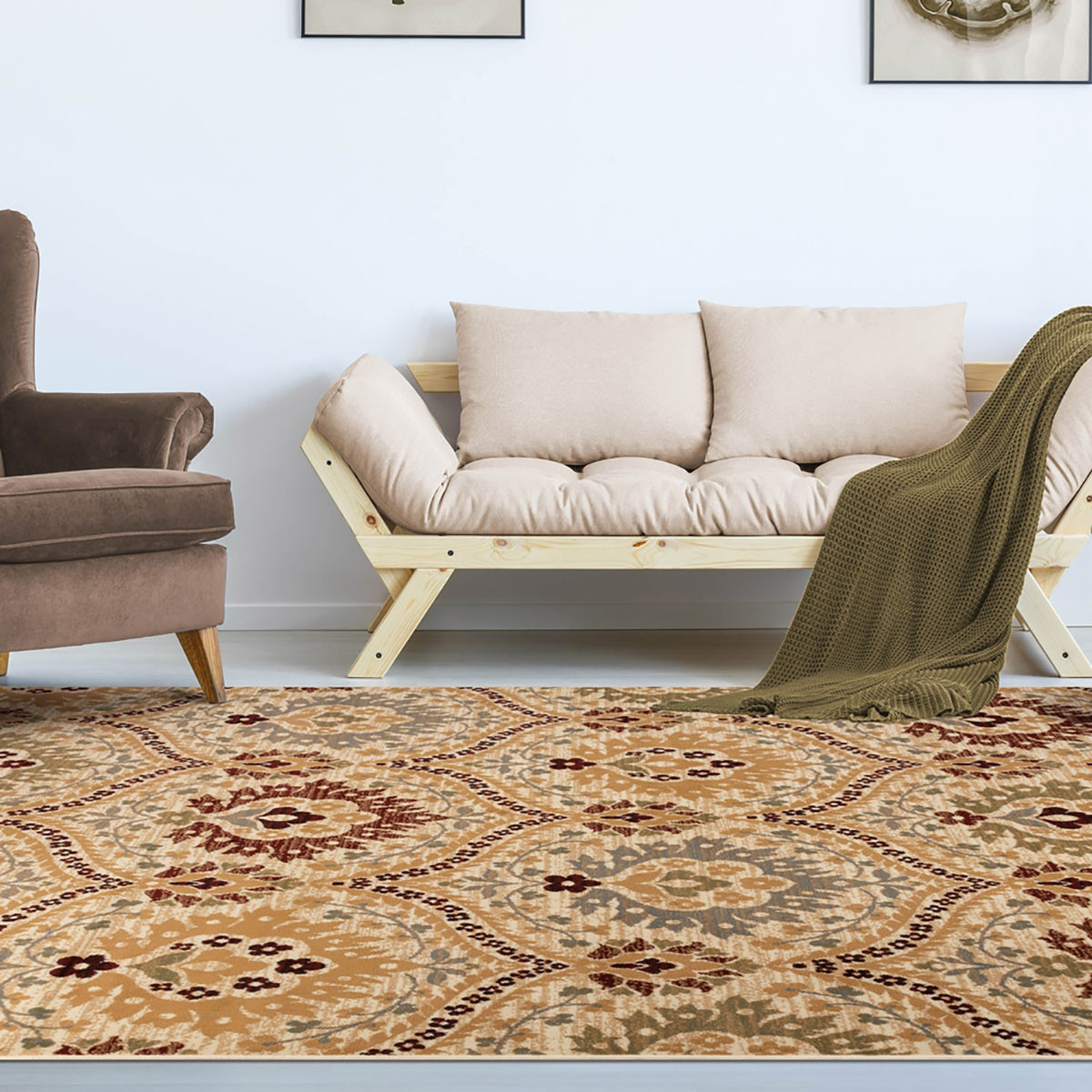 6" X 9" Camel Gray And Rust Floral Stain Resistant Area Rug