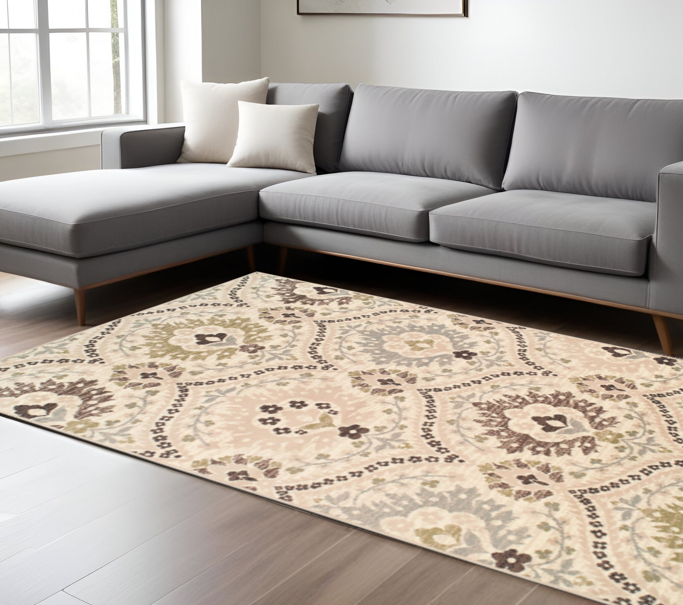 7' X 9' Ivory Gray And Olive Floral Stain Resistant Area Rug-486712-1