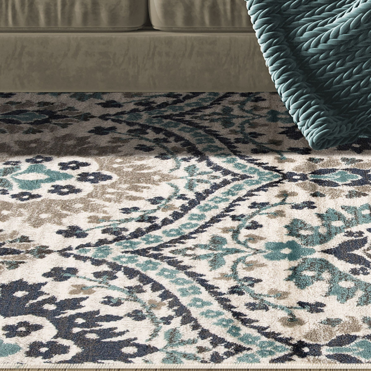 7" X 9" Ivory Blue And Gray Floral Stain Resistant Area Rug