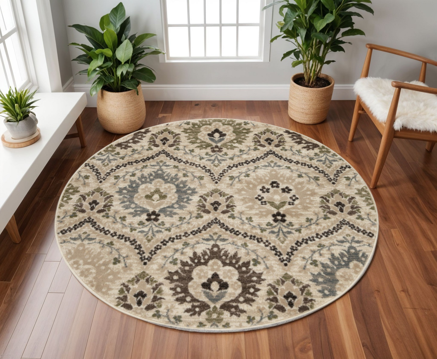 8' Gray And Ivory Floral Round Rug-486717-1