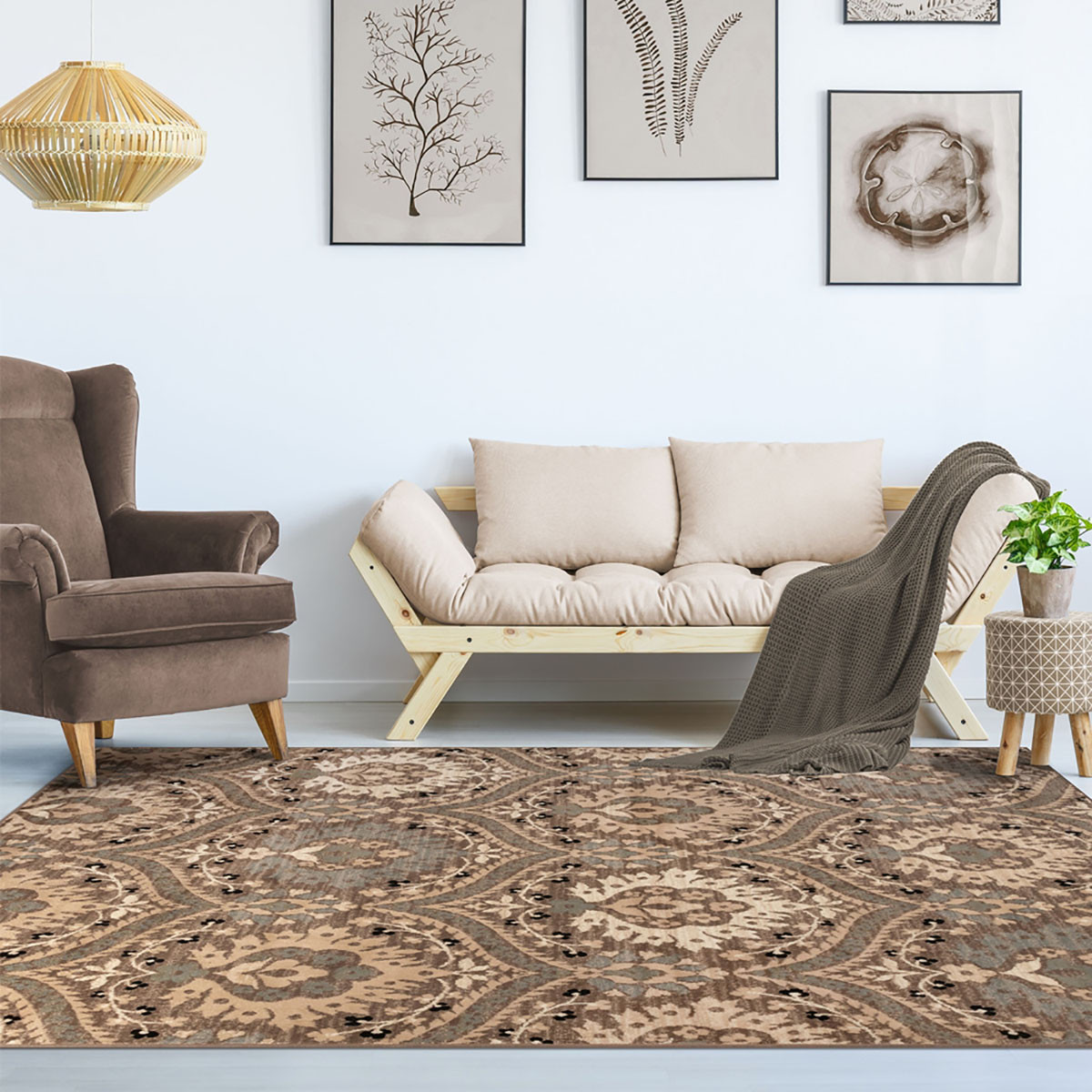 8" X 10" Ivory Beige And Light Blue Floral Stain Resistant Area Rug