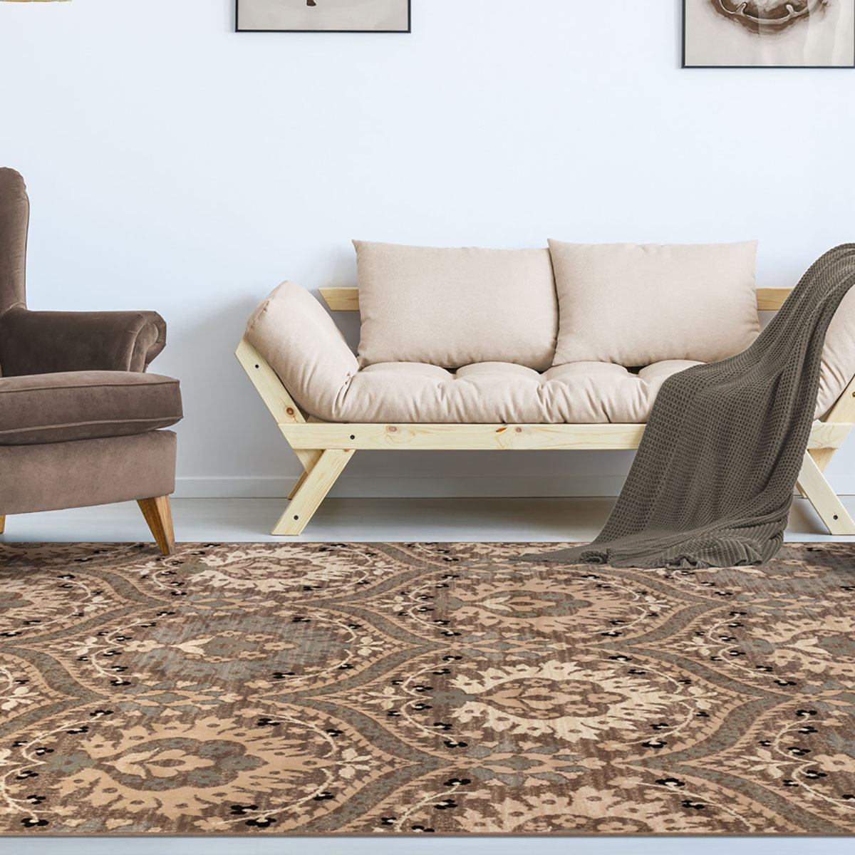 8" X 10" Ivory Beige And Light Blue Floral Stain Resistant Area Rug