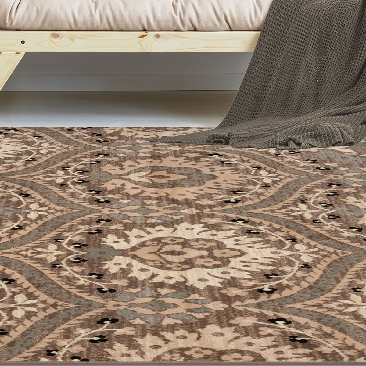 8" X 10" Ivory Beige And Light Blue Floral Stain Resistant Area Rug