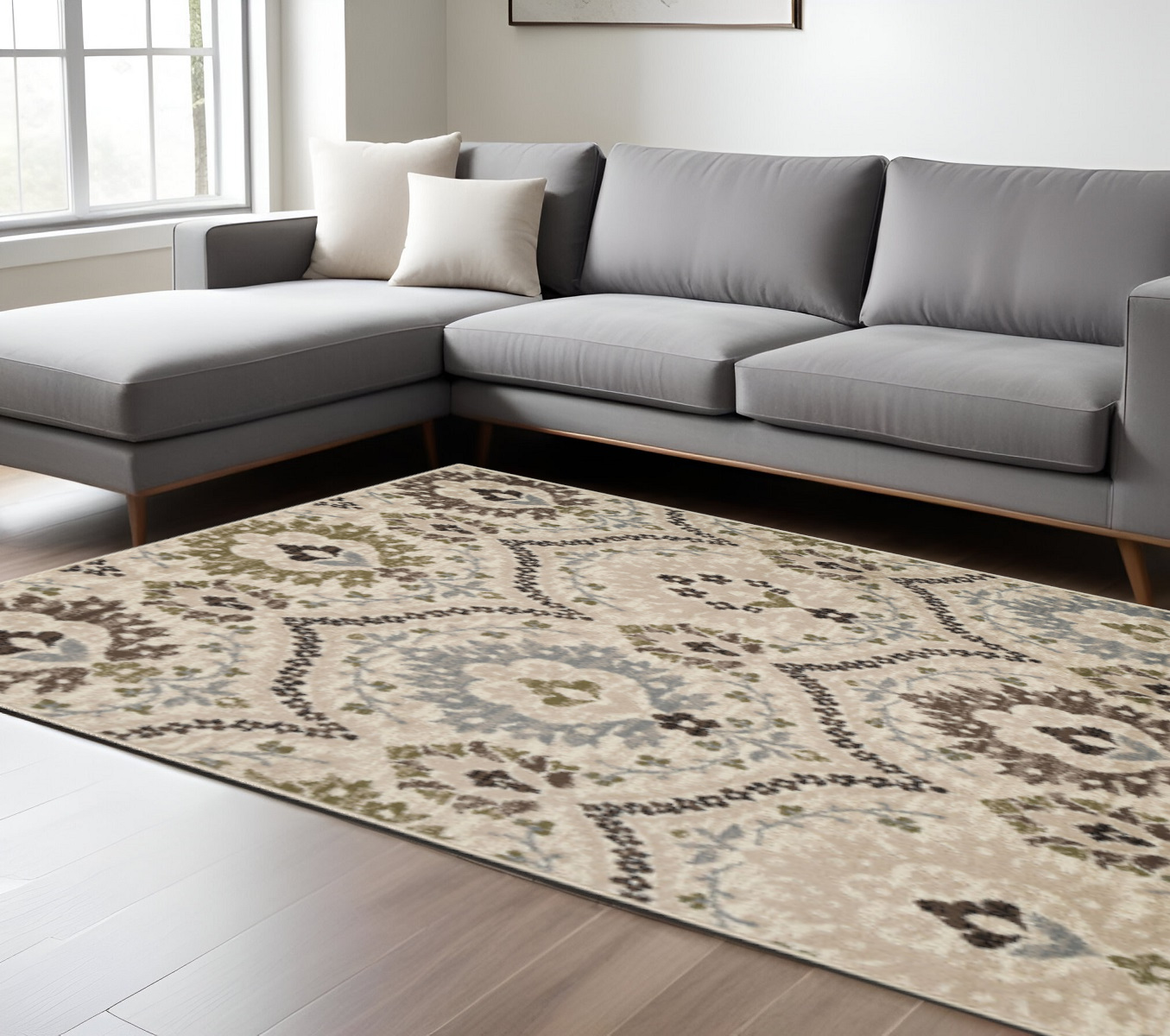 8' Gray And Ivory Floral Square Rug-486725-1