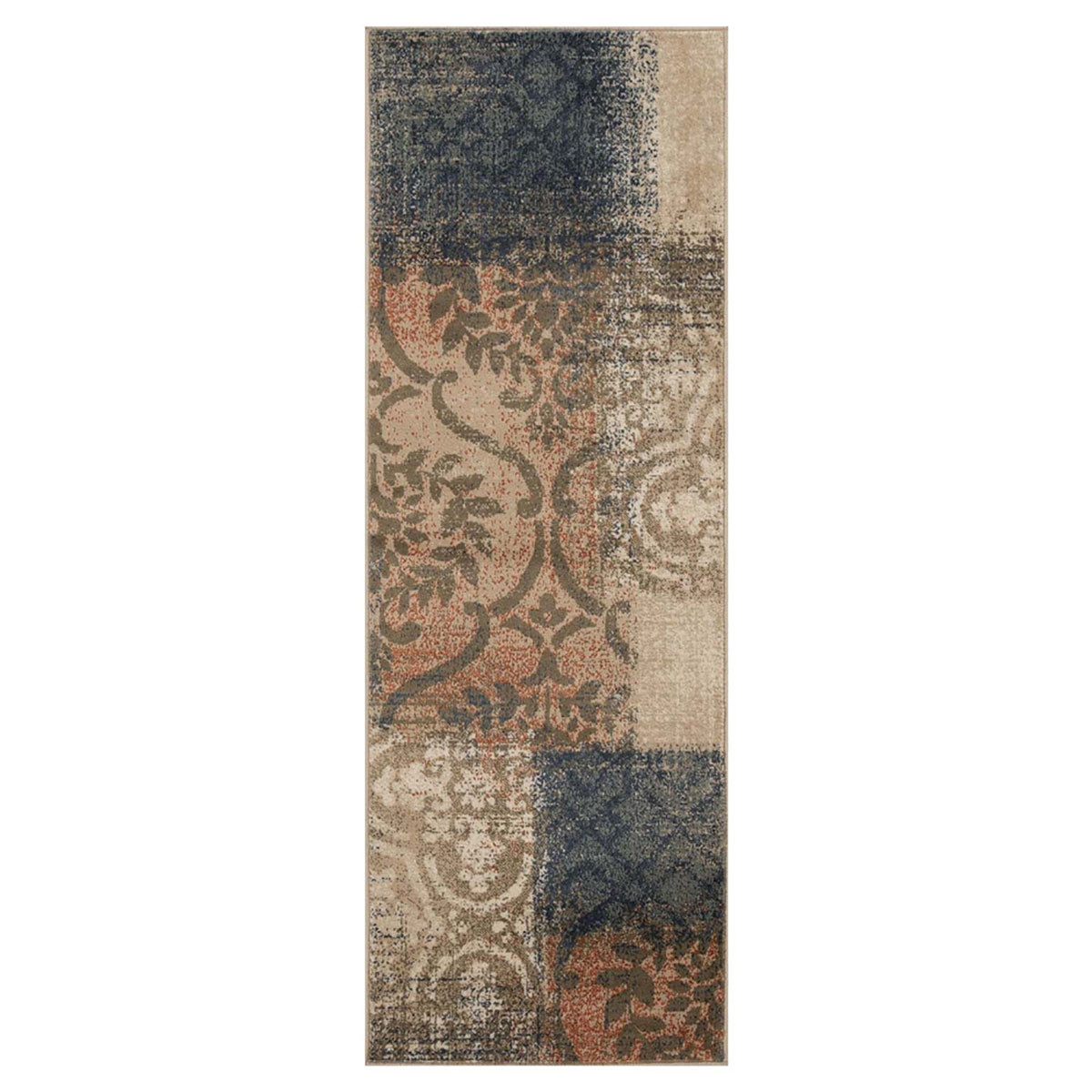 10" Navy And Salmon Damask Distressed Stain Resistant Runner Rug