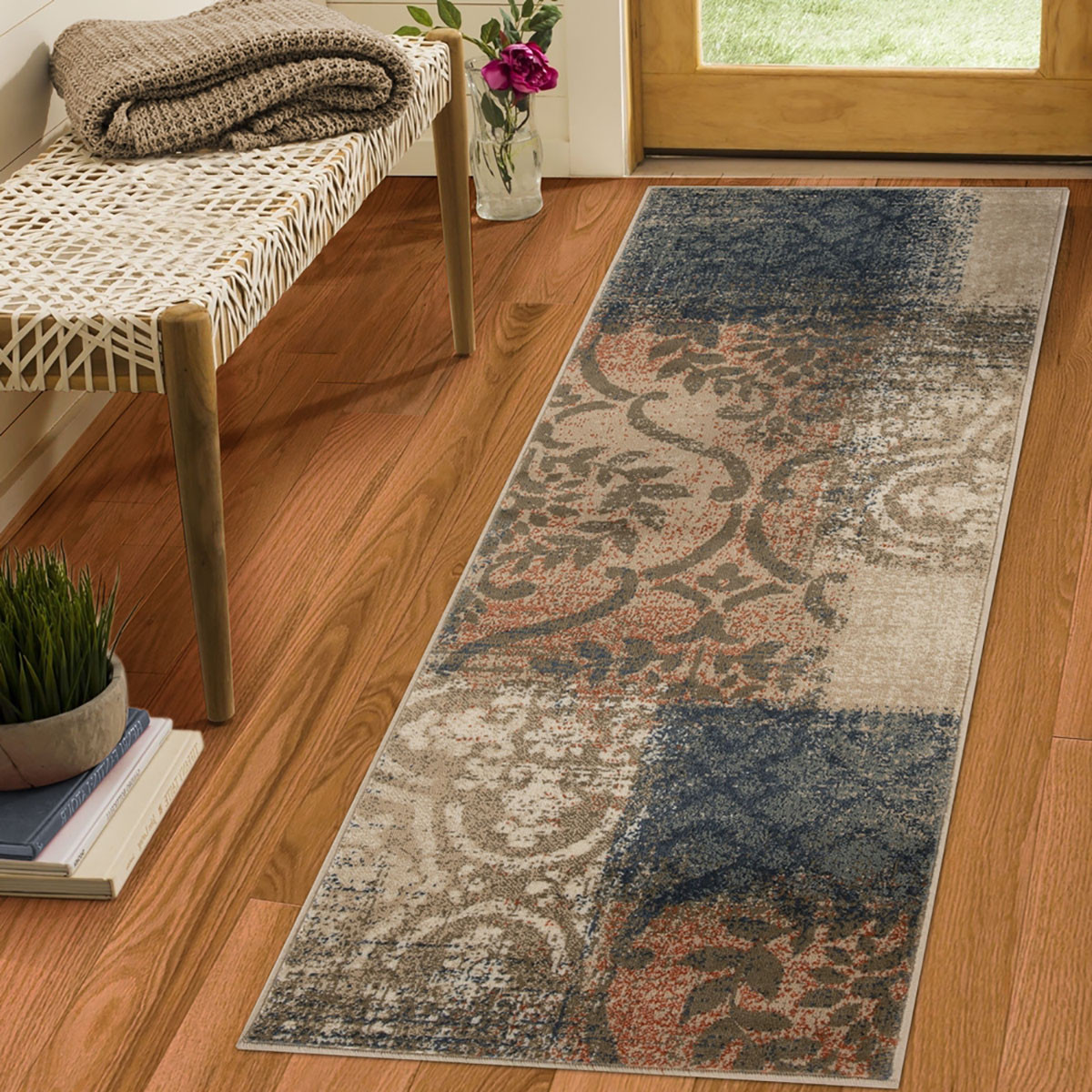 10" Navy And Salmon Damask Distressed Stain Resistant Runner Rug