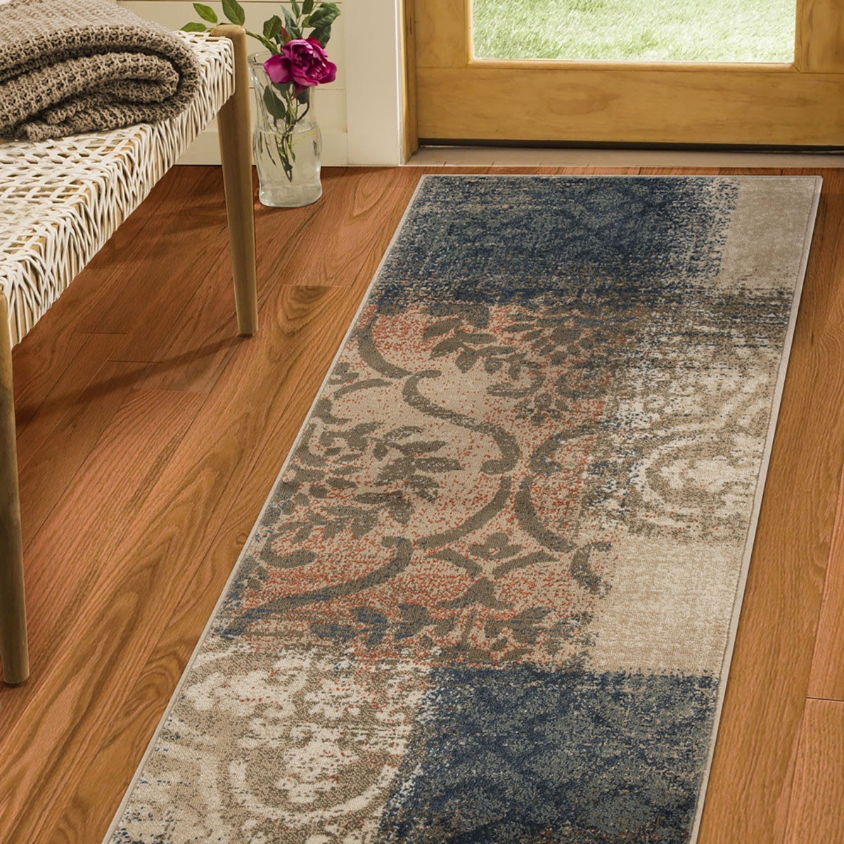 10" Navy And Salmon Damask Distressed Stain Resistant Runner Rug