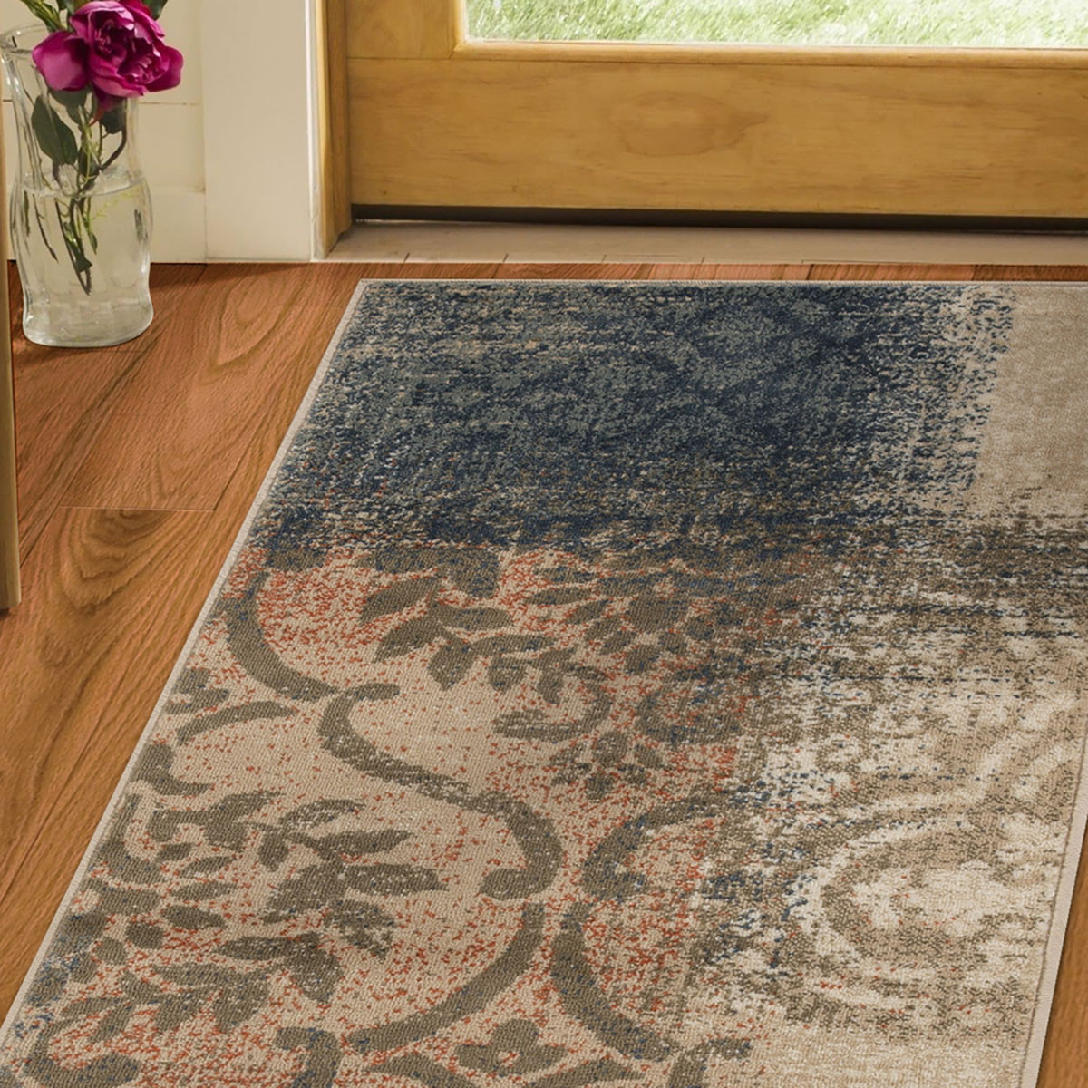 10" Navy And Salmon Damask Distressed Stain Resistant Runner Rug