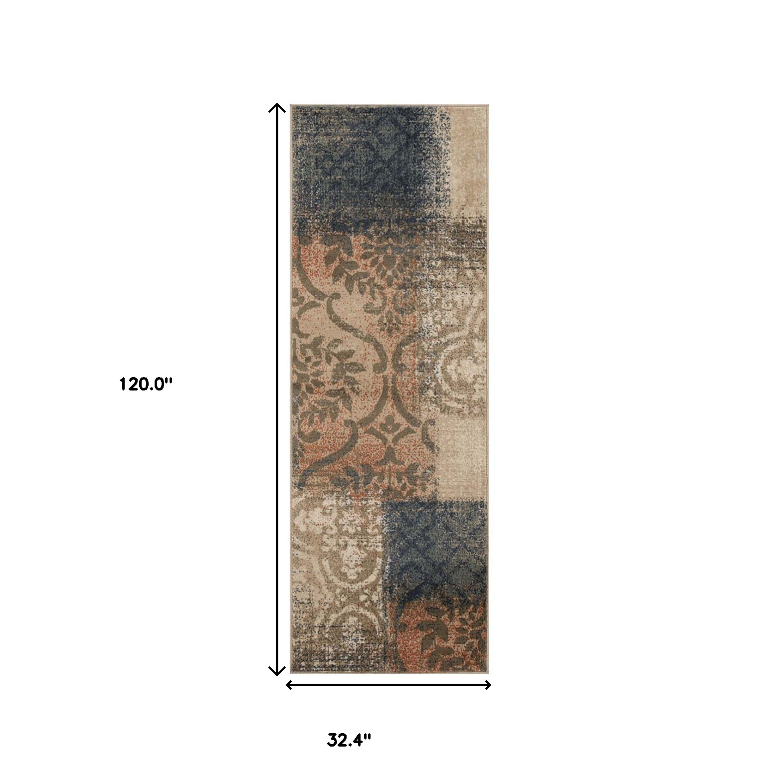 10" Navy And Salmon Damask Distressed Stain Resistant Runner Rug