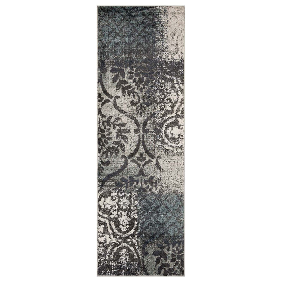 10" Teal And Gray Damask Distressed Stain Resistant Runner Rug