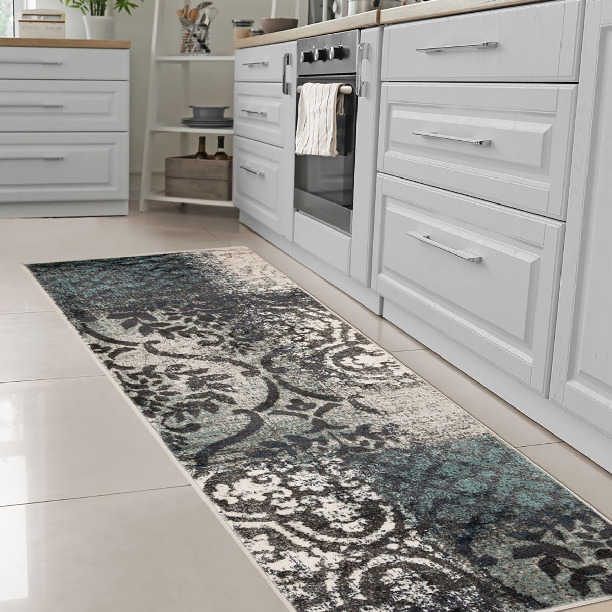 10" Teal And Gray Damask Distressed Stain Resistant Runner Rug
