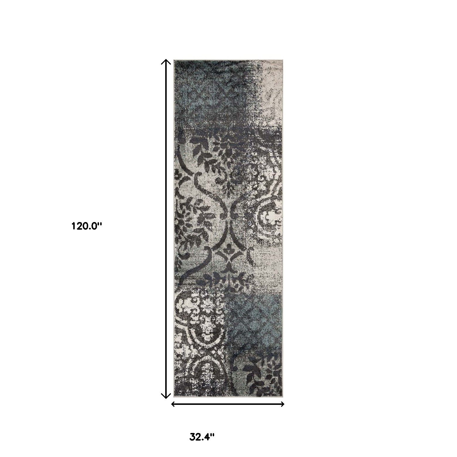 10" Teal And Gray Damask Distressed Stain Resistant Runner Rug