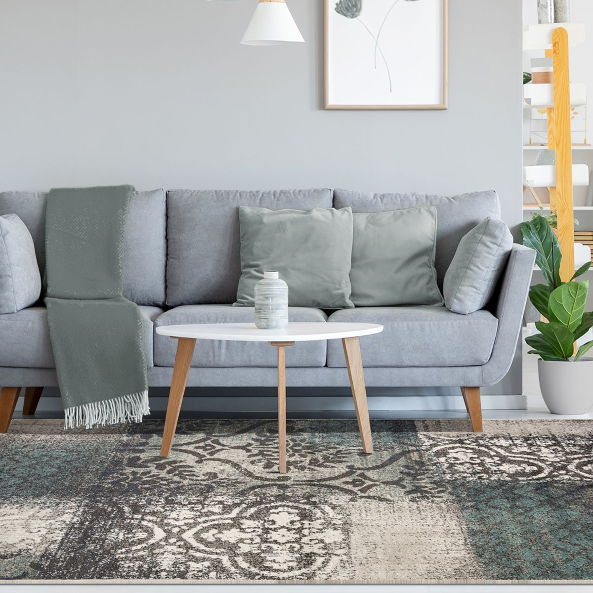 4" X 6" Teal And Gray Damask Distressed Stain Resistant Area Rug