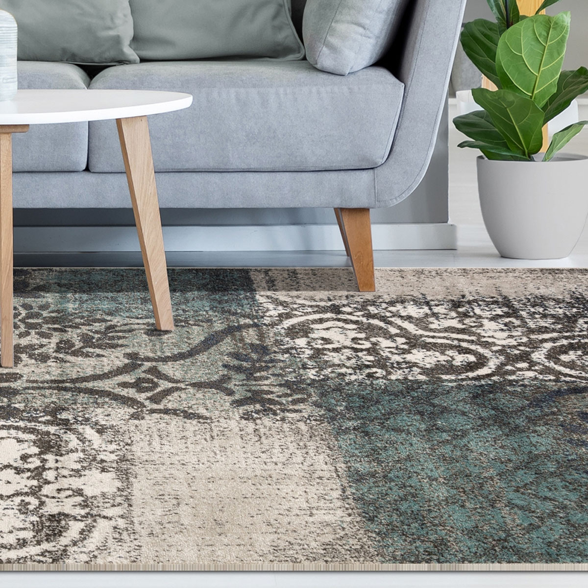 4" X 6" Teal And Gray Damask Distressed Stain Resistant Area Rug
