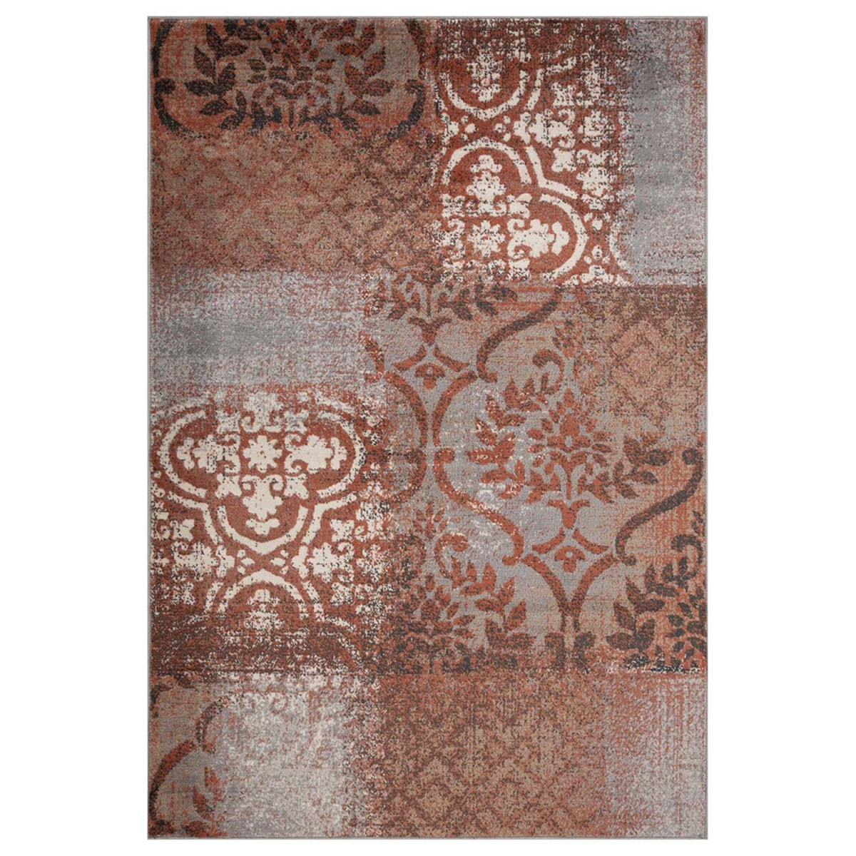 5" X 8" Rust And Gray Damask Distressed Stain Resistant Area Rug