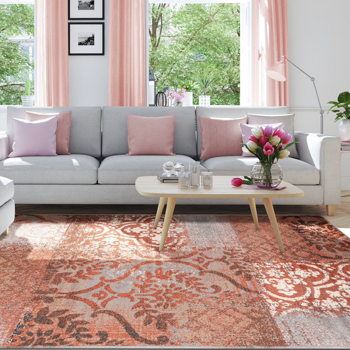 5" X 8" Rust And Gray Damask Distressed Stain Resistant Area Rug