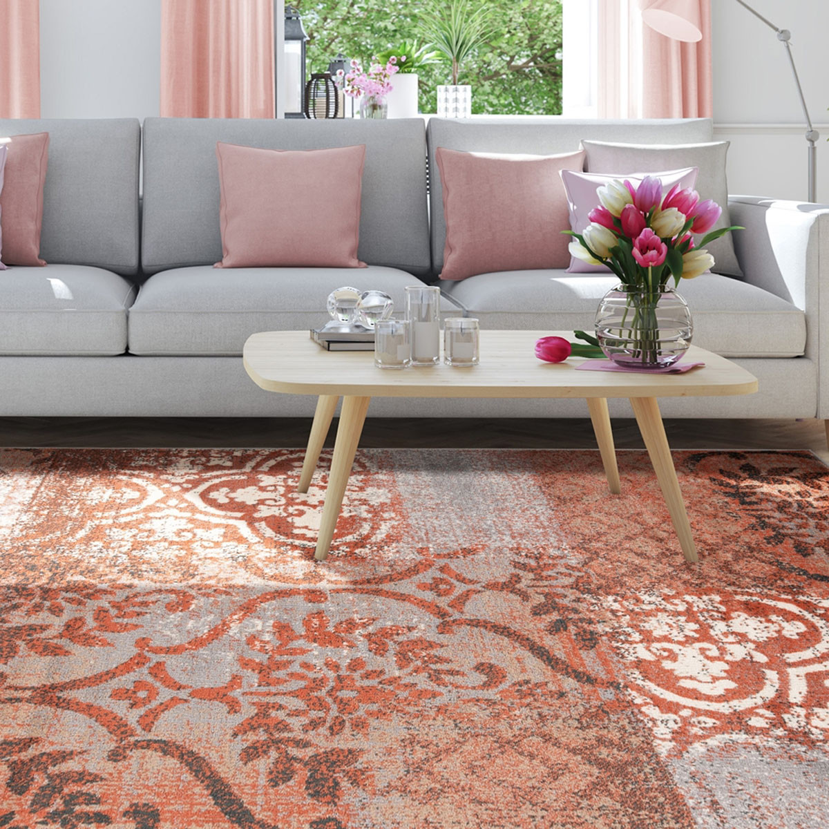 5" X 8" Rust And Gray Damask Distressed Stain Resistant Area Rug