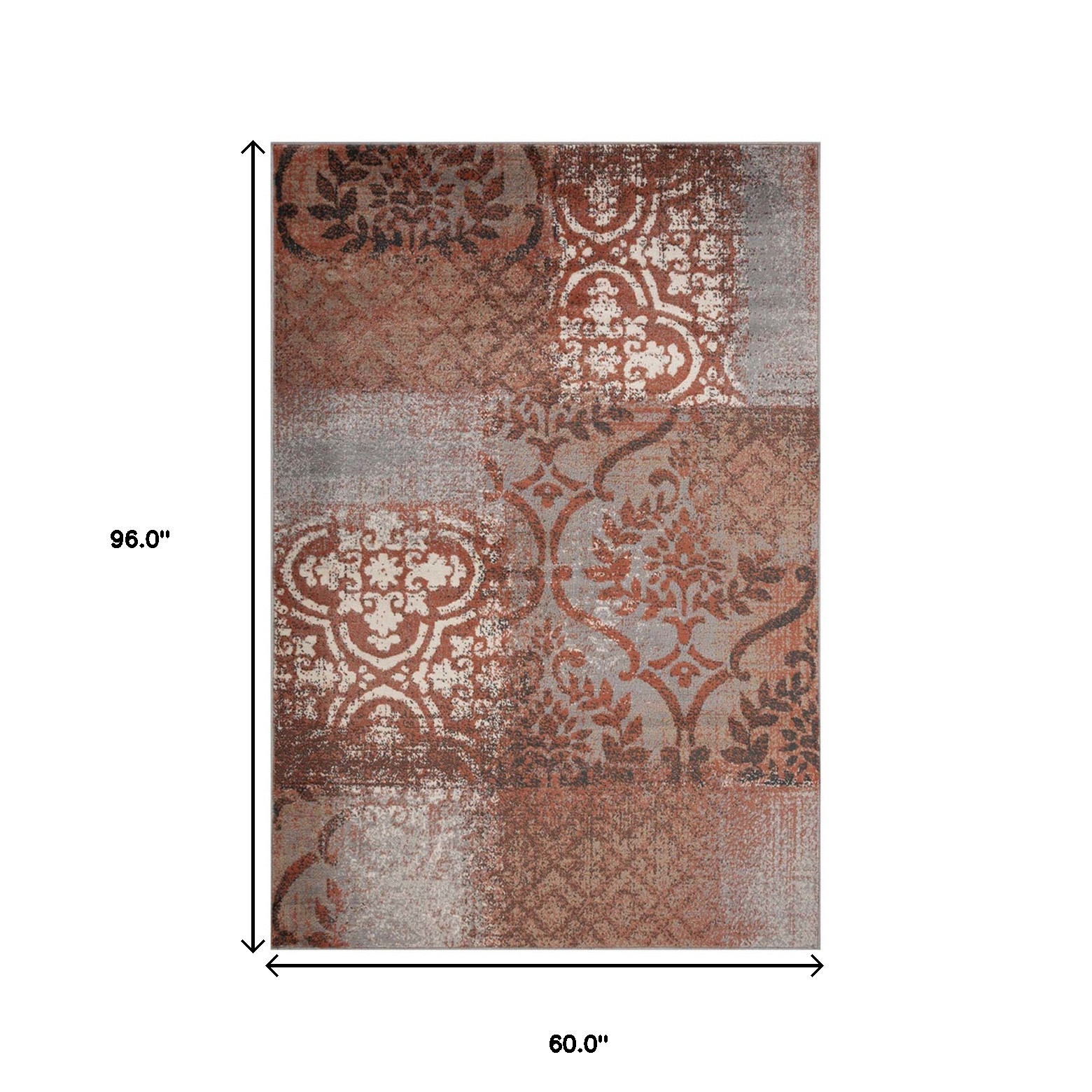5" X 8" Rust And Gray Damask Distressed Stain Resistant Area Rug