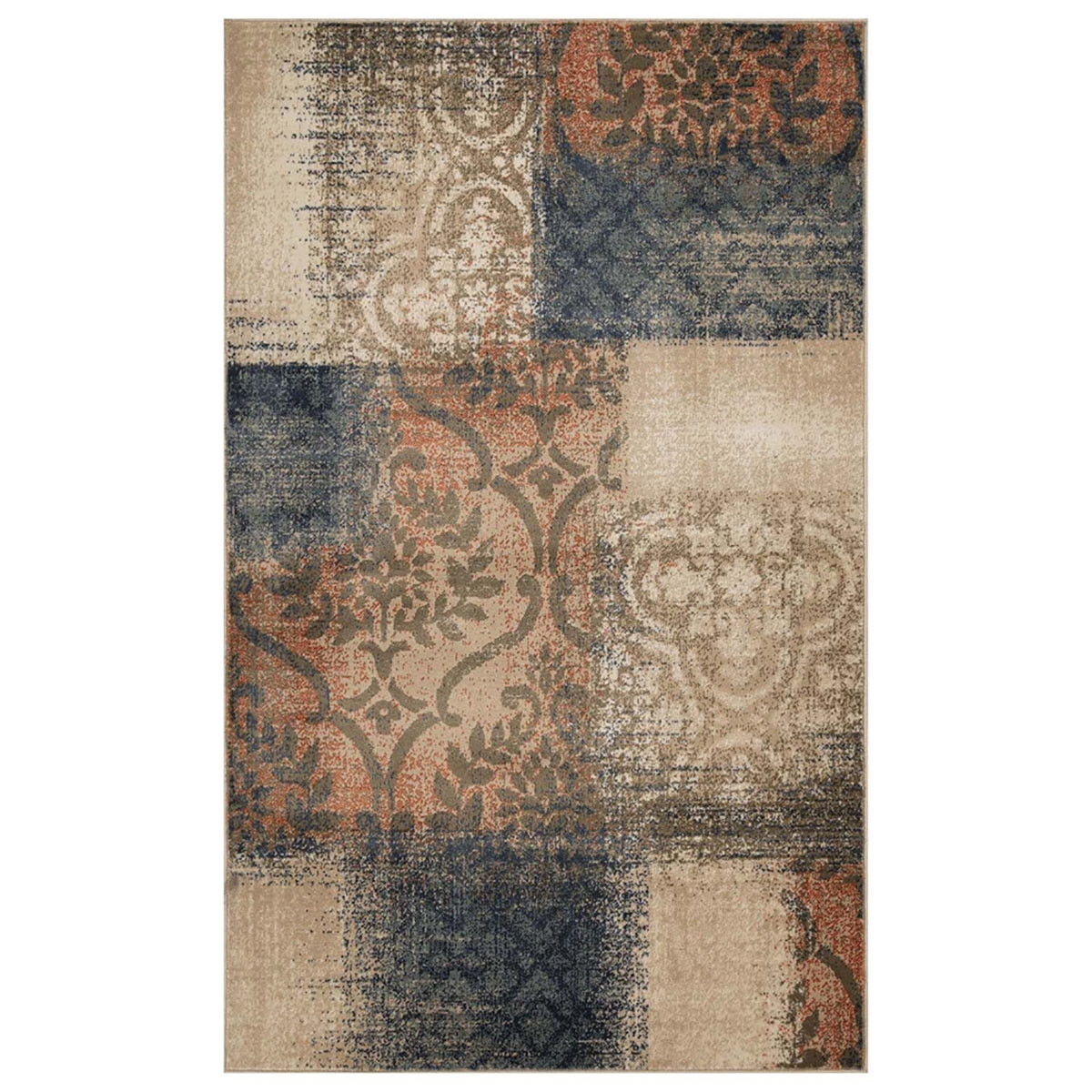 7" X 9" Navy And Salmon Damask Distressed Stain Resistant Area Rug