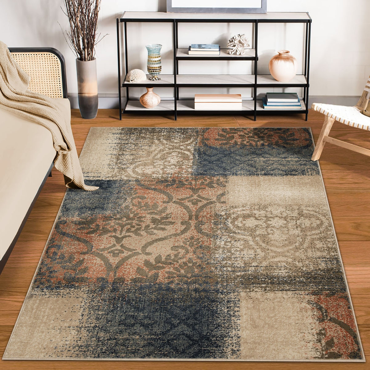 7" X 9" Navy And Salmon Damask Distressed Stain Resistant Area Rug