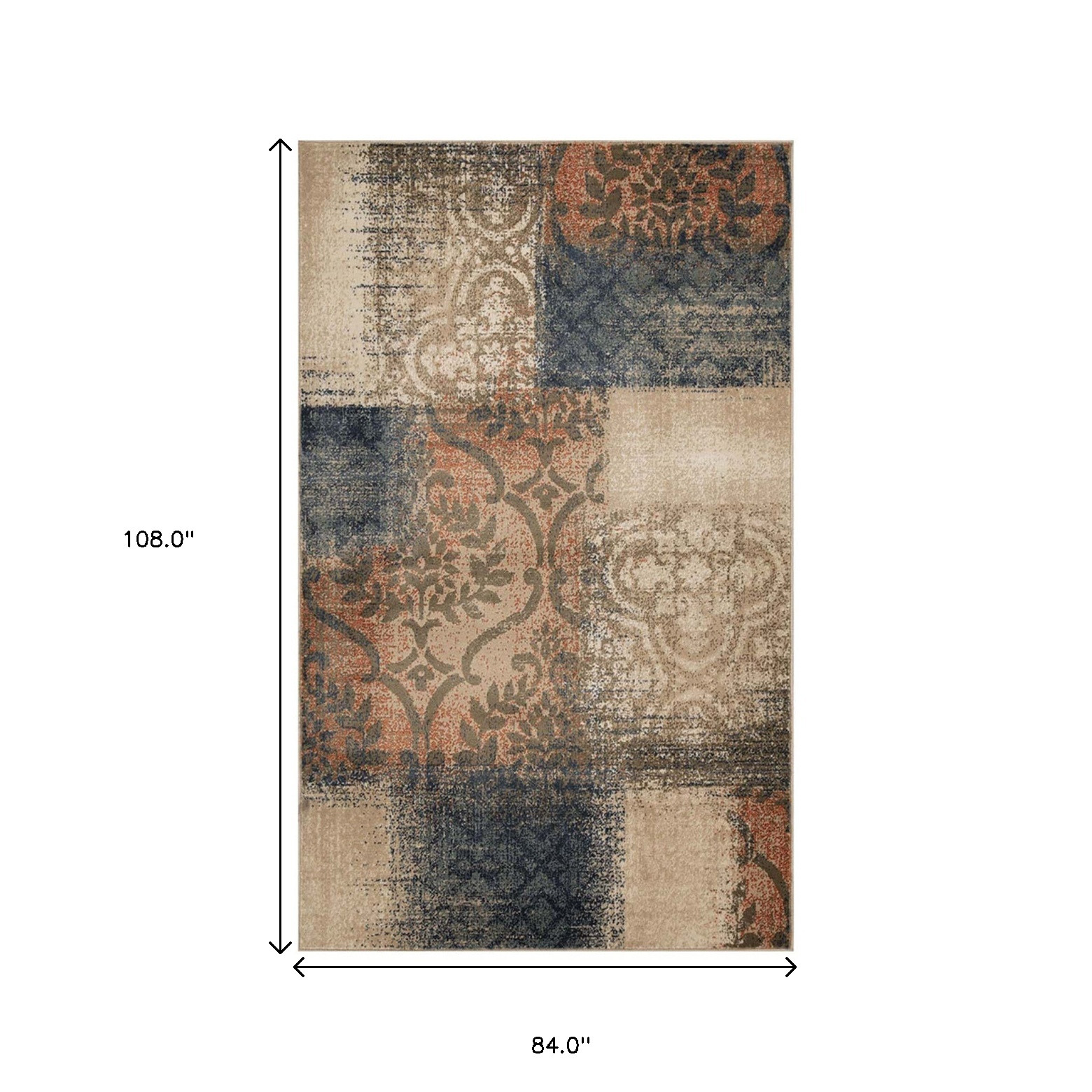 7" X 9" Navy And Salmon Damask Distressed Stain Resistant Area Rug