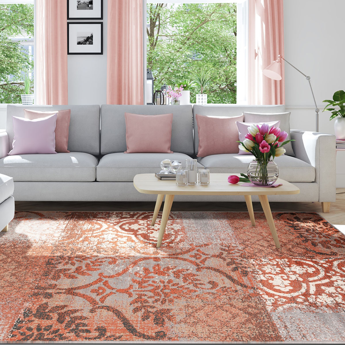7" X 9" Rust And Gray Damask Distressed Stain Resistant Area Rug