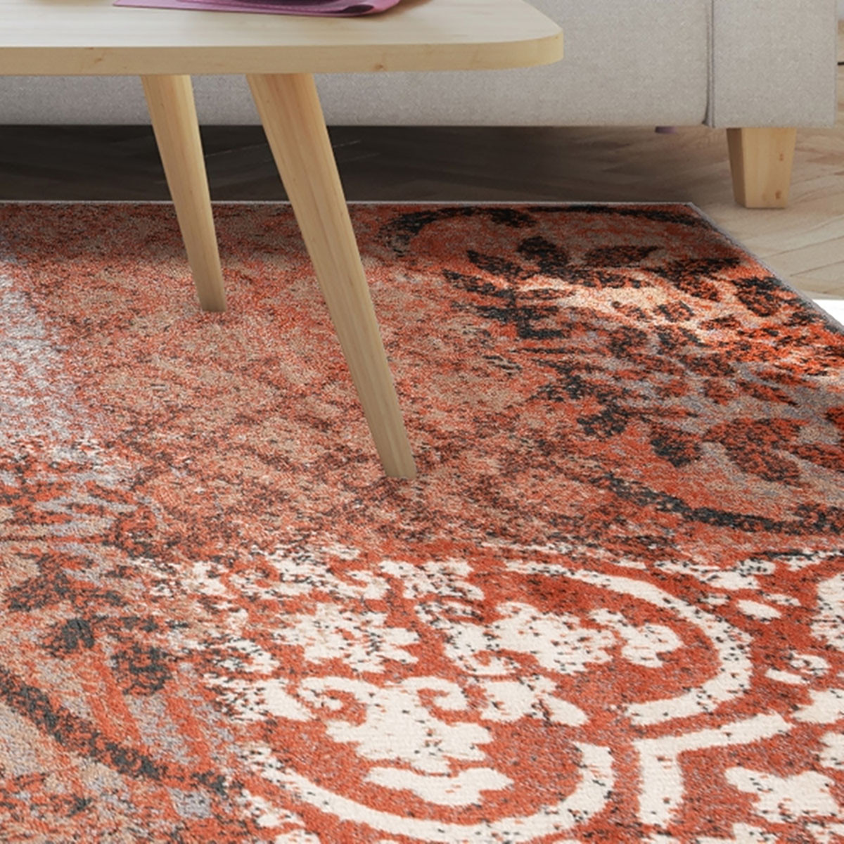 7" X 9" Rust And Gray Damask Distressed Stain Resistant Area Rug