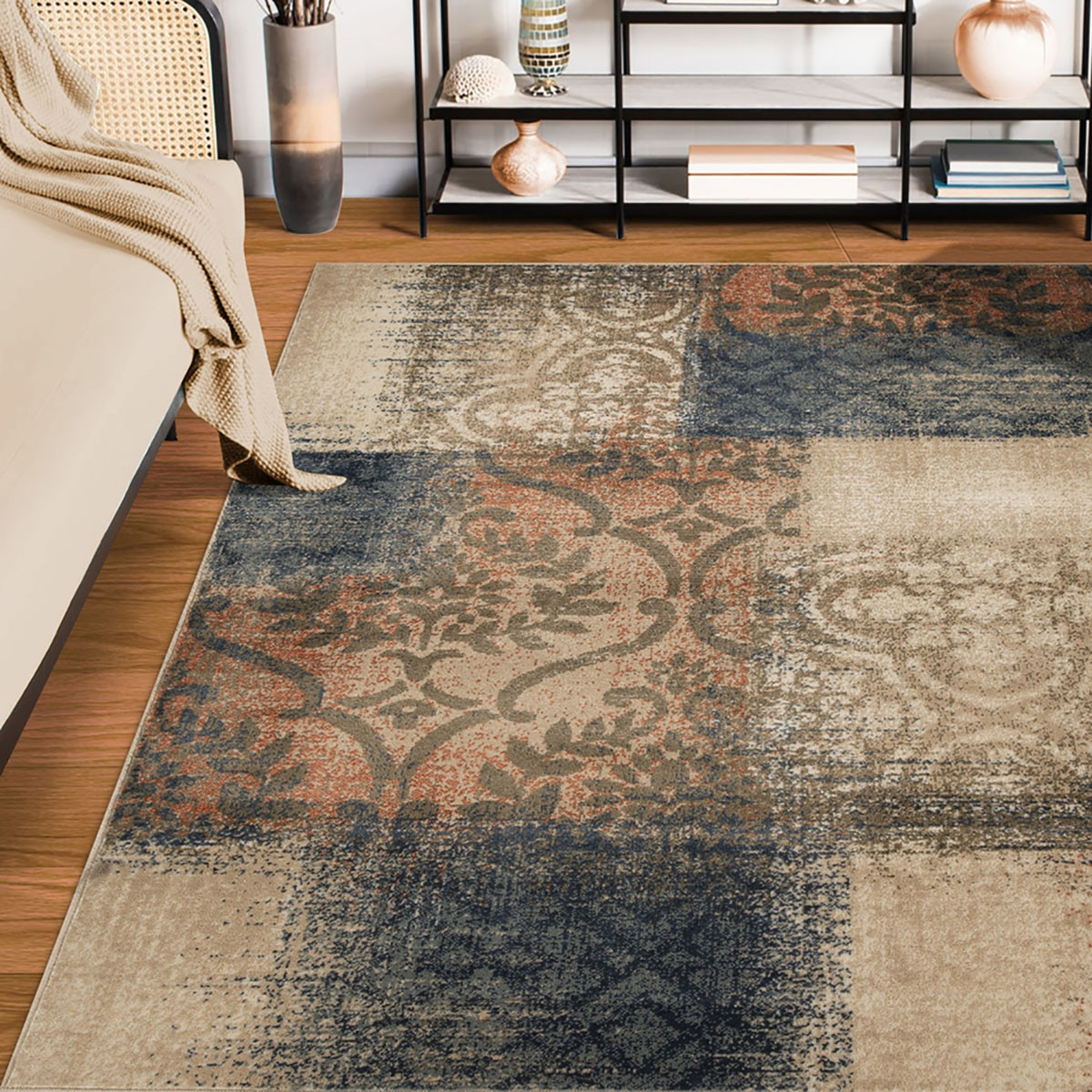 8" X 10" Navy And Salmon Damask Distressed Stain Resistant Area Rug