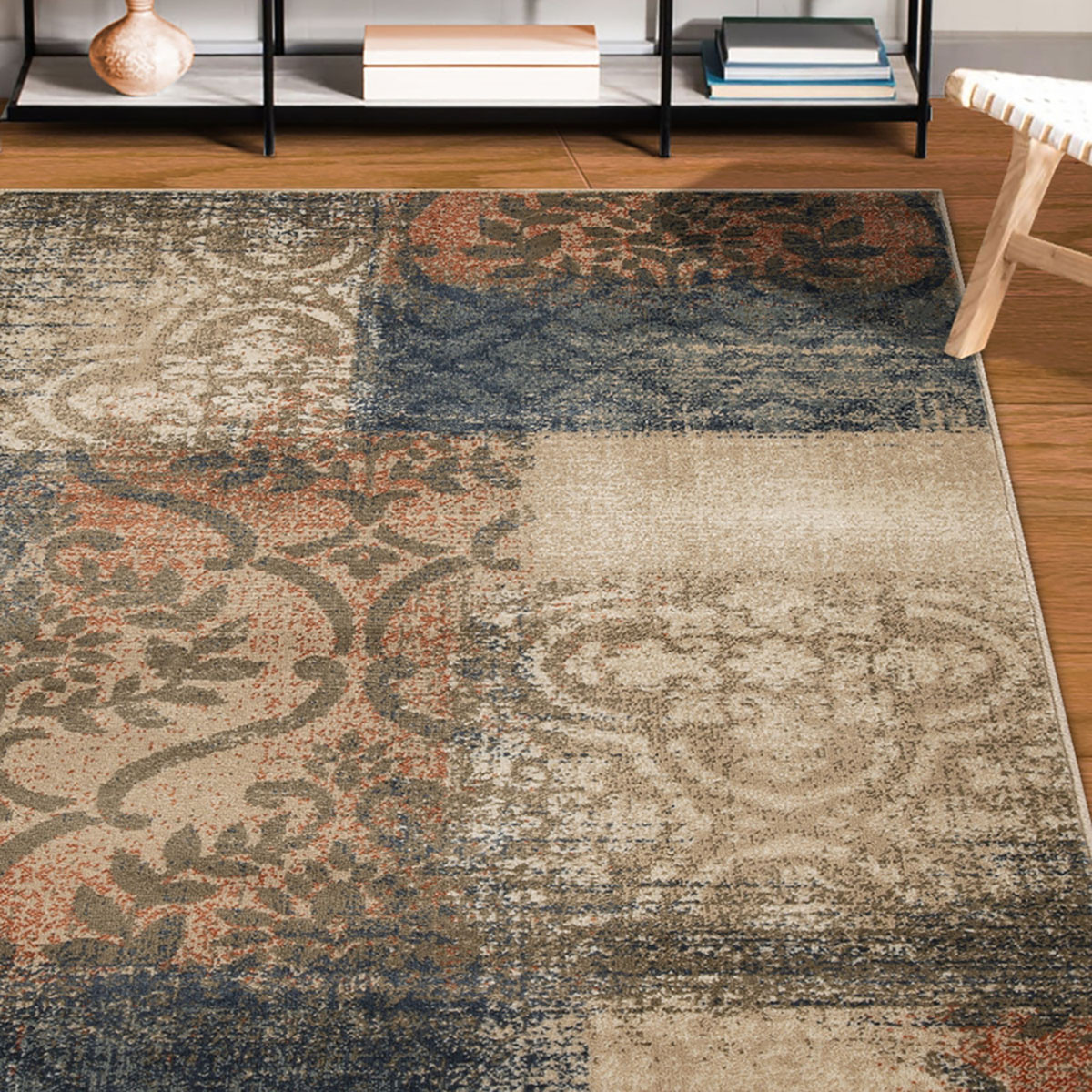 8" X 10" Navy And Salmon Damask Distressed Stain Resistant Area Rug