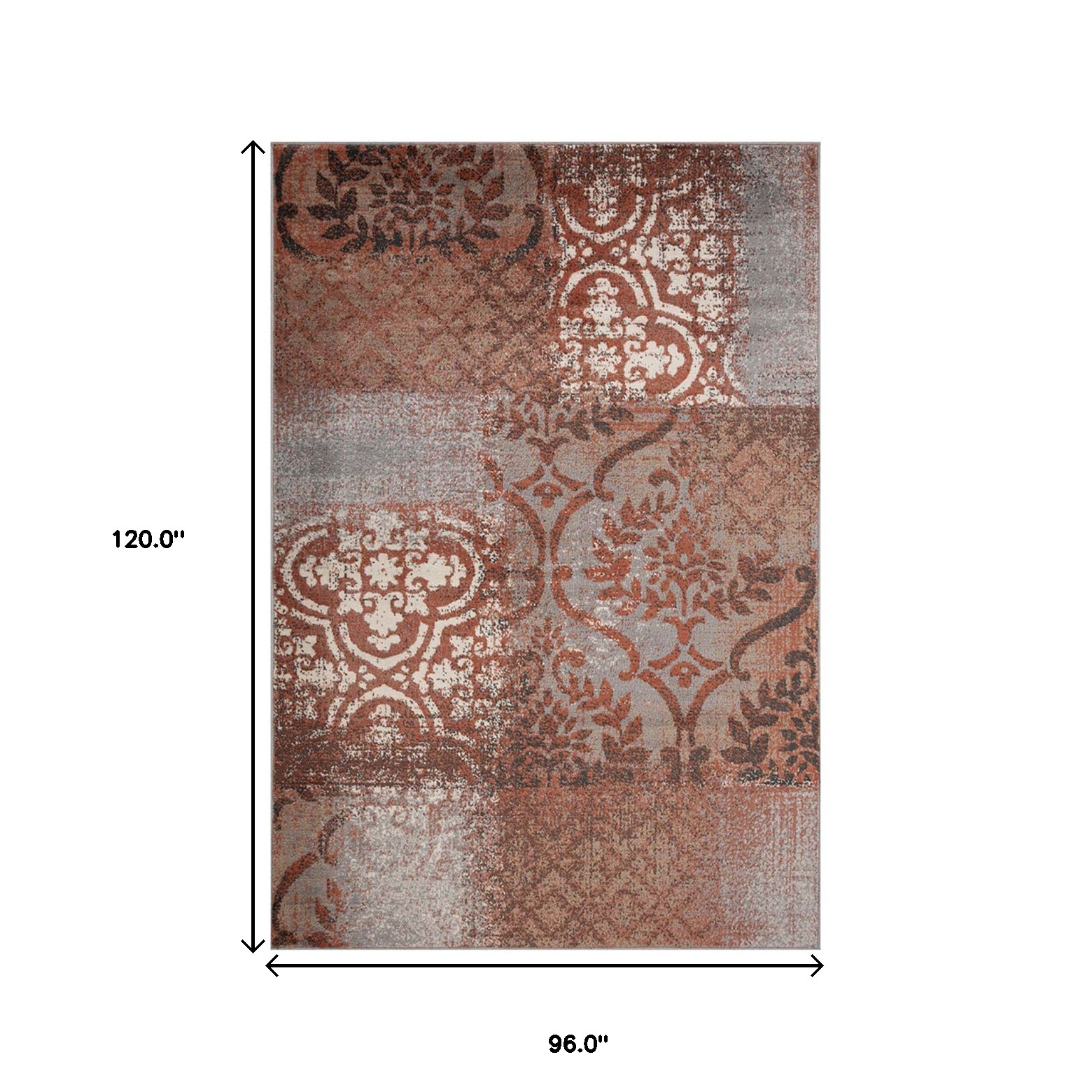 8" X 10" Rust And Gray Damask Distressed Stain Resistant Area Rug