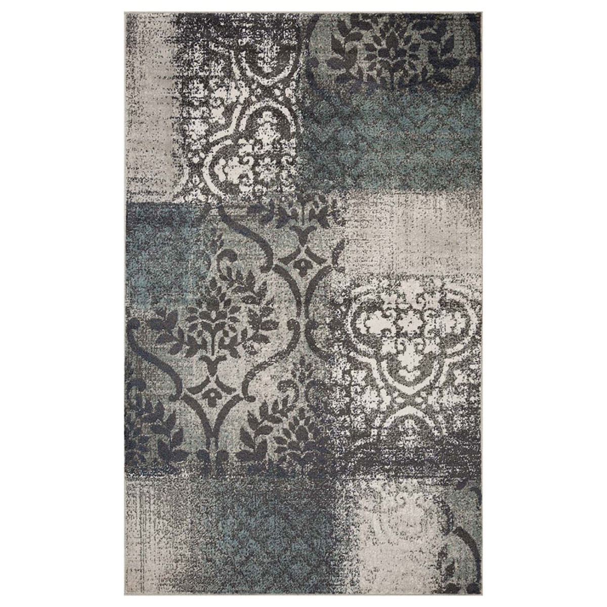 8" X 10" Teal And Gray Damask Distressed Stain Resistant Area Rug